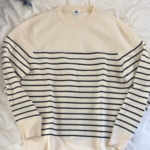 Uniqlo Cream and Navy Striped Crewneck Sweater